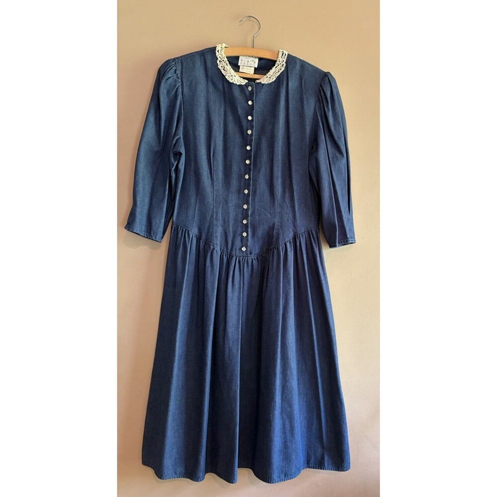 VTG 80s 100% Cotton Denim Button Up Peasant Dress Boho Prairie Size 11/12 USA‎